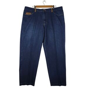 Stacy Adams Mens Dark Wash Denim Jeans  42x32 Classic  Pleated Front Tan Accents